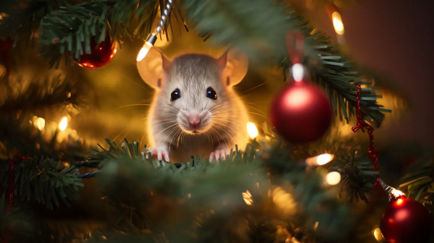 a mouse sitting in a Christmas tree