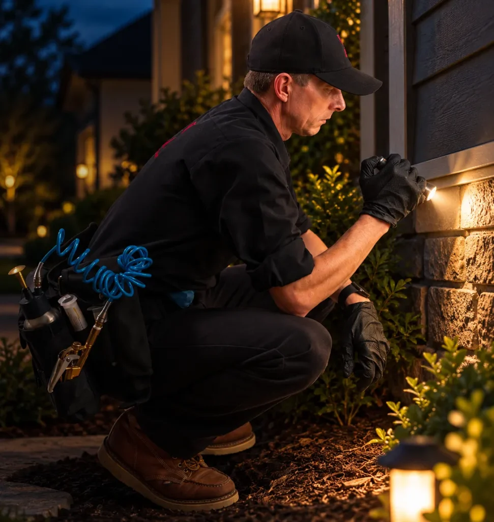 A pest control technician using a flashlight to inspect for issues on a home's exterior,