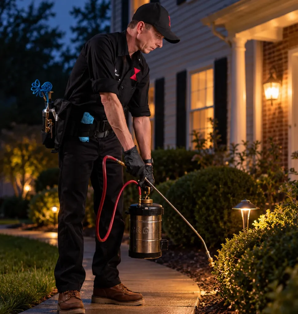 A pest control technician treating the exterior of a home for ants.